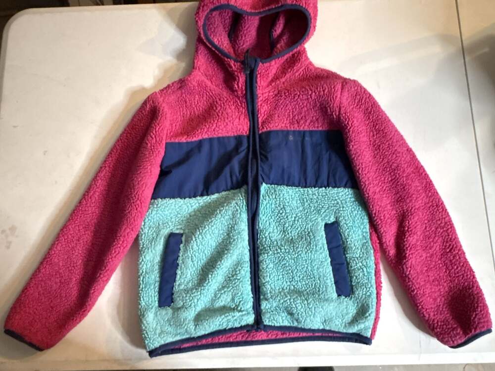 Eddie Bauer Kids Pink Teal and Navy Sherpa Fleece Hooded Jacket Size S 7/8